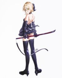  absurdres alternate_costume alternate_eye_color alternate_hair_color artoria_pendragon_(fate) ass backless_dress backless_outfit black_bow black_dress black_footwear black_gloves black_panties bleach blonde_hair boots bow cosplay dress elbow_gloves fate/grand_order fate_(series) female from_behind full_body gloves hair_ribbon high_heel_boots high_heels highres kuchiki_rukia light_blush looking_back panties ribbon saber_alter saber_alter_(cosplay) short_hair simple_background solo standing thigh_boots underwear waligner white_background yellow_eyes 