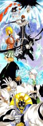  3girls 6+boys aizen_sousuke bambietta_basterbine bankai black_bodysuit black_hair black_kimono black_sclera bleach bleach:_sennen_kessen-hen blonde_hair blue_halo blunt_bangs bob_cut bodysuit breasts brown_hair casting_spell claws cleavage clenched_teeth closed_mouth colored_eyelashes colored_sclera colored_skin commentary_request commission cowboy_shot daiguren_hyourinmaru_(bankai) dark-skinned_female dark_skin demon_boy demon_horns demon_wings dress energy_ball energy_spear energy_wings expressionless eyepatch facial_hair facial_mark fighting_stance floating_hair foreshortening gloves green_eyes green_sclera grin hair_between_eyes halo hand_on_own_hip haori hat highres hirako_shinji hitsugaya_toushirou holding holding_polearm holding_sword holding_weapon horns ice ice_wings incoming_attack japanese_clothes katana ken&#039;ichi_(ken1ro_u) kimono kubo_tite_(style) kurotsuchi_mayuri large_breasts liltotto_lamperd long_hair long_sleeves looking_at_viewer looking_up makeup male_focus mask military_hat military_uniform miniskirt multiple_boys multiple_girls neckerchief obi official_style one_eye_covered outstretched_arm parted_lips pleated_skirt polearm profile purple_background sash shaded_face sharp_teeth shirt short_dress short_hair simple_background skirt sleeveless sleeveless_dress smile spiked_hair stubble sword teeth thighhighs tier_harribel tsurime ulquiorra_cifer uniform upper_body upside-down upturned_eyes urahara_kisuke vollstandig weapon white_dress white_gloves white_hair white_hat white_neckerchief white_shirt white_skin white_skirt white_thighhighs wide-eyed wide_shot wings yellow_eyes yellow_teeth zettai_ryouiki 