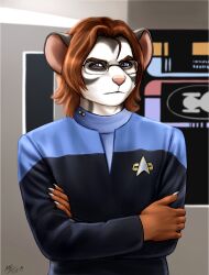  absurd_res anthro australian_possum blue_eyes brown_hair eyewear finian_wren fur glasses grey_body grey_fur hair hi_res male mammal marsupial moodyferret petaurid shaggy_hair solo star_trek starfleet_uniform sugar_glider 