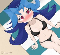  1girls beach_background bikini blue_hair blush female female_only grayhands90 kamishiro_rio looking_at_viewer looking_up navel nervous_sweat pose red_eyes rio_kamishiro shy solo white_skin yu-gi-oh! yu-gi-oh!_zexal 