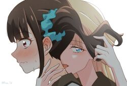  2girls blonde_hair blue_eyes blush brown_hair commentary_request ear_blush hand_in_another&#039;s_hair hand_on_another&#039;s_neck highres licking licking_another&#039;s_neck looking_at_viewer multiple_girls nekoyashiki_mayu nekoyashiki_yuki parted_lips pink_eyes portrait precure risai side_ponytail simple_background sweatdrop twitter_username white_background wonderful_precure! yuri 