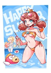  2girls bikini blonde_hair breasts brown_hair cheep_cheep crown drink drinking_straw earrings eyewear_on_head hair_over_one_eye hand_in_own_hair heart heart_in_eye holding holding_drink in_water ioh jewelry long_hair looking_at_viewer low_twintails luma_(mario) mario_(series) midriff multiple_girls navel ocean ponytail princess_daisy rosalina summer super_mushroom swimsuit symbol_in_eye twintails underboob water 