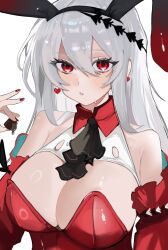  arknights ascot bare_shoulders black_ascot breasts cleavage dddddvkoko detached_sleeves dress earrings female hair_between_eyes hair_ornament highres holding jewelry large_breasts leotard long_hair long_sleeves looking_at_viewer nail_polish playboy_bunny rabbit_hair_ornament red_dress red_eyes red_leotard red_nails skadi_(arknights) skadi_the_corrupting_heart_(arknights) solo upper_body white_hair 