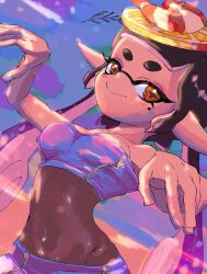  +_+ arms_up bare_shoulders breasts callie_(splatoon) covered_navel cowboy_shot cropped_legs female food food_on_head fruit groin high-waist_pantyhose highres inkling lemon lemon_slice looking_at_viewer medium_breasts miniskirt mole mole_under_eye nitino object_on_head official_alternate_costume pantyhose pencil_skirt pointy_ears shrimp skirt solo splatoon_(series) splatoon_1 splatoon_3 strapless sunset tentacle_hair tube_top zipper zipper_pull_tab 