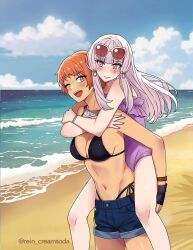  2girls alternate_costume beach bikini black_bikini carrying fire_emblem fire_emblem:_three_houses fire_emblem_warriors:_three_hopes leonie_pinelli lysithea_von_ordelia multiple_girls ocean official_alternate_hairstyle one-piece_swimsuit one_eye_closed orange_eyes orange_hair outdoors piggyback pink_eyes purple_one-piece_swimsuit rein_creamsoda short_hair shorts smile sunglasses swimsuit white_hair 