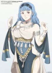  alternate_costume armlet black_hairband blue_hair bracelet breasts choker cowboy_shot dancer_(fire_emblem:_three_houses) dress female fire_emblem fire_emblem:_three_houses fire_emblem_warriors:_three_hopes gradient_background grey_background grey_eyes hairband highres jewelry long_hair looking_at_viewer marianne_von_edmund medium_breasts official_alternate_hairstyle single-shoulder_dress single_bare_shoulder smile solo standing tak0baka 