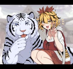  animal animal_print black_hair blonde_hair blush breasts cleavage fangs female formicid hair_between_eyes highres large_breasts looking_at_viewer multicolored_hair open_mouth orange_skirt red_shirt shirt short_hair skirt smile solo squatting striped_hair tiger tiger_print toramaru_shou touhou two-tone_hair v white_tiger yellow_eyes 