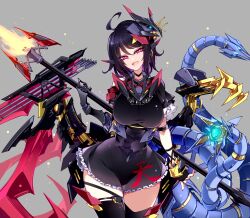  absurdres ahoge asymmetrical_wings black_dress black_hair black_thighhighs blue_wings breasts cowboy_shot dress female grey_background highres houjuu_nue large_breasts looking_at_viewer mechanical_arms mechanical_wings oerba_yun_fang open_mouth raptor7 red_eyes red_wings short_hair short_sleeves simple_background single_mechanical_arm skin_fang smile solo thighhighs touhou wings 