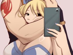  1boy arm_tattoo blonde_hair breasts character_name cleavage fairy_tail female flexing_around_head_(meme) hair_ribbon highres holding holding_phone joshdinobarney large_breasts looking_at_viewer lucy_heartfilia meme muscular muscular_male nail_polish natsu_dragneel phone ribbon selfie shoulder_tattoo smile tattoo 