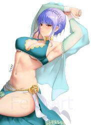  arms_up bikini blue_hair braid breasts cleavage closed_mouth crown_braid feikyart female fire_emblem fire_emblem:_three_houses fire_emblem_heroes jewelry large_breasts marianne_von_edmund marianne_von_edmund_(summer) navel neck_ring purple_eyes revision sarong see-through see-through_sleeves sidelocks sitting stomach swimsuit watermark 