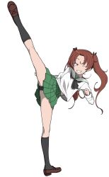  ;) absurdres bad_id bad_source bad_twitter_id black_neckerchief black_panties black_socks brown_eyes brown_footwear brown_hair female girls_und_panzer green_skirt grin groin_tendon henyaan_(oreizm) high_kick highres kadotani_anzu kicking loafers long_hair miniskirt neckerchief one_eye_closed ooarai_school_uniform panties pleated_skirt sailor_collar school_uniform shirt shoes simple_background skirt smile socks solo twintails underwear white_background white_sailor_collar white_shirt 