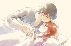  1boy black_hair blue_eyes blush brown_hair closed_eyes couple female kissing kissing_forehead long_hair looking_at_another makise_kurisu okabe_rintarou pillow rocni shirt steins;gate straight under_covers 