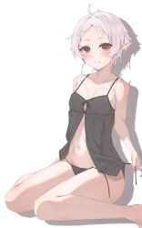  absurdres ahoge black_panties elf female highres lingerie mushoku_tensei navel panties pointy_ears short_hair simple_background sitting sleepwear smile solo sylphiette_(mushoku_tensei) underwear ungu wariza white_background white_hair 