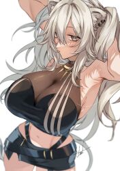  animal_ear_fluff animal_ear_piercing animal_ears arm_behind_back armpit_crease arms_up belt black_belt black_shirt black_skirt blurry breasts cleavage commentary_request contrapposto crop_top depth_of_field double-parted_bangs female from_above grey_eyes grey_hair hair_between_eyes highleg highres hololive huge_breasts jewelry knees_out_of_frame lion_ears lion_girl lion_tail long_hair looking_at_viewer messy_hair midriff miniskirt navel necklace parted_lips see-through see-through_cleavage shirt shishiro_botan shishiro_botan_(1st_costume) sidelocks simple_background skin_tight skirt sleeveless sleeveless_shirt standing tail toridesu949914 two_side_up virtual_youtuber white_background 