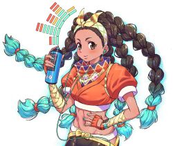  aqua_nails arm_wrap bow_hairband colored_tips crop_top dark-skinned_female dark_skin earphones hairband highres kimberly_jackson looking_at_viewer lowleg lowleg_pants multicolored_hair pants quad_braids scarf simple_background smartwatch smile spray_can street_fighter street_fighter_6 street_fighter_6_new_challenger_art_contest toned toned_female upper_body watch wristwatch yamada_yamao yellow_hairband 