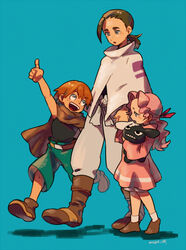  2boys aged_down bad_id bad_pixiv_id blue_background cloak darry_adai dress female gimmy_adai holding_hands lolicon multiple_boys pointing poncho rossiu_adai skyloop19 stuffed_animal stuffed_toy tengen_toppa_gurren_lagann 