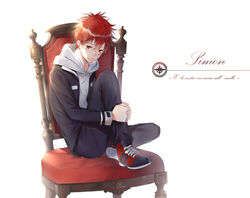  1boy bandaid bandaid_on_face chair commentary_request ekita_kuro highres hood hoodie katekyo_hitman_reborn! kozato_enma male_focus red_eyes red_hair school_uniform solo white_background 