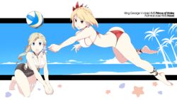  2girls :o ass azur_lane back ball bare_legs barefoot beach_volleyball bikini black_choker blonde_hair blue_sky bouncing_breasts braid breasts casual_one-piece_swimsuit character_name choker cleavage collarbone commentary_request covered_navel crown_braid day dimples_of_venus earrings flower french_braid full_body hair_flower hair_ornament highres hood_(azur_lane) hood_(lady_of_the_shining_sun)_(azur_lane) jewelry kneeling large_breasts leaning_forward long_hair low_ponytail md5_mismatch midair mismatched_bikini multicolored_bikini multicolored_clothes multicolored_swimsuit multiple_girls official_alternate_costume one-piece_swimsuit open_mouth outside_border outstretched_arm own_hands_together palm_tree pendant prince_of_wales_(azur_lane) prince_of_wales_(sun_shining_upon_windsor)_(azur_lane) red_bikini red_eyes red_ribbon ribbon seashell shell shigino_sohuzi short_hair sideboob single_braid single_earring single_hair_intake skin_tight sky star_(symbol) swimsuit tareme thigh_strap tree v-shaped_eyebrows v_arms white_bikini 