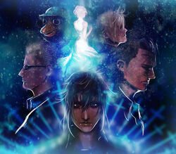  5boys absurdres blonde_hair blue_theme character_costume commentary_request dress female final_fantasy final_fantasy_xv floating floating_object floating_sword floating_weapon gladiolus_amicitia highres ignis_scientia kenny_crow lunafreya_nox_fleuret multiple_boys noctis_lucis_caelum odd_one_out parody photoshop_(medium) prompto_argentum sidelocks sword tsuzuri_(nan) weapon white_dress 