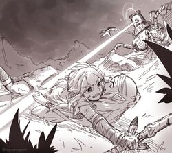  1boy champion&#039;s_tunic_(zelda) commentary_request female gloves greyscale guardian_(zelda) link long_hair monochrome pointy_ears ponytail princess_zelda rescue sayoyonsayoyo short_hair spoilers sword the_legend_of_zelda the_legend_of_zelda:_breath_of_the_wild weapon 