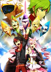  3girls 6+boys :d :o arm_up belt black_gloves black_hair black_jacket blonde_hair blue_eyes blue_hair blue_sky brown_hair clenched_hands commentary_request dark_skin diancie fingerless_gloves fur_trim glasses gloves green_eyes green_hair hair_ribbon hat highres incineroar jacket ledian minior minior_(core) minior_(yellow_core) multicolored_hair multiple_boys multiple_girls nitobira open_mouth personification pink_eyes pink_hair pokemon purple_hair red_belt red_gloves ribbon shouting skirt sky smile solgaleo sparkle standing togedemaru twintails two-tone_hair v-shaped_eyebrows visor white_hat white_skirt yellow_eyes 