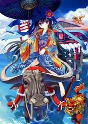  absurdres banner barefoot black_hair buffalo day female goshoguruma head_tilt highres japanese_clothes kimono komainu long_hair nanao_naru nobori non-web_source oil-paper_umbrella original parasol purple_eyes riding rope scan shimenawa sitting starry_sky_print torii umbrella very_long_hair water 