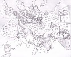  2013 apple_bloom_(mlp) armor arrow_(disambiguation) black_and_white brush bucket cloud container cutie_mark_crusaders_(mlp) dialogue dispenser engineer_(team_fortress_2) english_text equid equine eyewear female feral friendship_is_magic goggles group gun hard_hat hasbro headgear helmet horn joey-darkmeat mammal missile monochrome my_little_pony mythological_creature mythological_equine mythology paint pegasus ranged_weapon scootaloo_(mlp) sentry sentry_gun_(team_fortress_2) smoke sweetie_belle_(mlp) syringe team_fortress_2 team_fotress_2 text unicorn valve weapon wings 