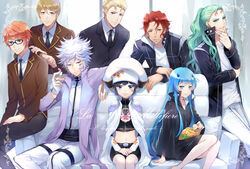  2girls 5boys aqua_eyes aqua_hair black_hair blonde_hair blue_eyes blue_hair bluebell brown_hair byakuran cape commentary_request ekita_kuro glasses hat highres irie_shoichi katekyo_hitman_reborn! kikyo_(reborn) long_hair multiple_boys multiple_girls necktie orange_hair red_hair short_hair shorts spanner_(reborn!) uni_(reborn) white_hair zakuro_(reborn) 