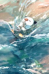  afloat bottle closed_eyes commentary_request day frown highres holding holding_bottle letter message_in_a_bottle no_humans nrmya open_mouth oshawott outdoors pokemon pokemon_(creature) solo water 