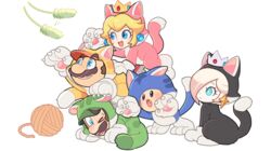  2girls 3boys animal_costume animal_ears big_nose blue_eyes blue_toad_(mario) cat_costume cat_ears cat_luigi cat_mario cat_peach cat_rosalina cat_tail cat_teaser cat_toad_(mario) claws crown earrings facial_hair hoshikuzu_pan jewelry luigi mario mario_(series) mini_crown moustache multiple_boys multiple_girls oerba_yun_fang open_mouth pearl_earrings plant princess_peach rosalina simple_background sphere_earrings star_(symbol) star_earrings super_mario_3d_world tail toad_(mario) yarn yarn_ball 