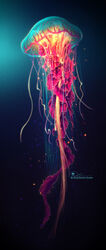  2014 ambiguous_feral ambiguous_gender cnidarian colorful_theme digital_media_(artwork) digital_painting_(artwork) feral glowing glowing_tentacles gradient_background hi_res invertebrate jellyfish marine medusozoan nikittysan sea_creature signature simple_background solo tentacle underwater water 