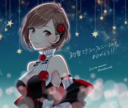  bare_shoulders blurry blurry_background breasts brown_eyes brown_hair cleavage closed_mouth commentary_request depth_of_field detached_sleeves female flower hair_behind_ear hair_flower hair_ornament kirita_asami lipstick makeup medium_breasts meiko_(vocaloid) miku_symphony_(vocaloid) pink_lips red_flower red_rose rose shawl short_hair smile solo star_(symbol) translated upper_body vocaloid 