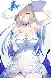  absurdres aponia_(honkai_impact) aponia_(mesmerizing_blue) arm_up armpits bare_shoulders blue_butterfly blue_eyes breasts brown_hair bug butterfly cleavage closed_mouth commentary dress female hat highres honkai_(series) honkai_impact_3rd long_hair looking_at_viewer simple_background sleeveless sleeveless_dress solo sun_hat sundress very_long_hair white_background white_dress yumegiwa_(skgl_thx) 