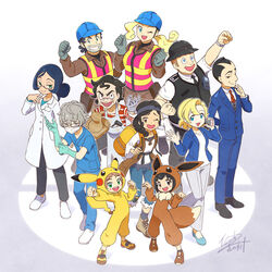  5girls 6+boys artist_(pokemon) backpack backpacker_(pokemon) bag black_hair black_vest blonde_hair blue_eyes blue_gloves blue_jacket blue_pants blue_shirt blush_stickers bodysuit braid brown_eyes brown_footwear brown_hair brown_jumpsuit business_suit cellphone chonmage clenched_hand commentary cosplay doctor_(pokemon) eevee eevee_(cosplay) eevee_ears eevee_tail flower formal from_above full_body glasses gloves gradient_background green_eyes grey_gloves grey_hair hair_bun hand_up headband helmet high-visibility_vest holding holding_phone hood jacket jumpsuit lab_coat long_sleeves looking_at_viewer mask mouth_mask multiple_boys multiple_girls necktie office_lady office_worker_(pokemon) official_art one_eye_closed open_mouth overalls pants phone pikachu pikachu_(cosplay) pikachu_costume pikachu_ears pikachu_tail poke_ball_symbol poke_kid_(pokemon) pokemon pokemon_ears pokemon_swsh pokemon_tail police_officer_(pokemon) red_necktie sakuma_sanosuke shirt short_hair short_sleeves signature simple_background single_hair_bun smartphone smile standing suit surgical_mask tail topknot vest waving white_footwear white_pants worker_(pokemon) yellow_flower 