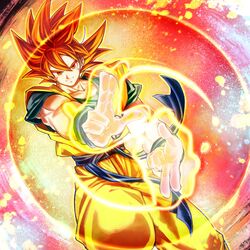  1boy aura closed_mouth dougi dragon_ball dragon_ball_super dragon_ball_super_broly energy fighting_stance highres looking_at_viewer male_focus mattari_illust muscular muscular_male red_eyes red_hair smile solo son_goku spiked_hair super_saiyan super_saiyan_god 