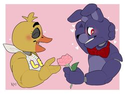  2018 animatronic anthro avian beak bib bird blush bonnie_(fnaf) chica_(fnaf) chicken eyebrows eyelashes female fingers five_nights_at_freddy&#039;s flower galliform gallus_(genus) holding_object lagomorph leporid machine male male/female mammal open_mouth phasianid plant purple_body rabbit ribbons robot signature snazzamazing teeth video_games yellow_body 