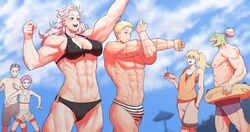  3boys 3girls abs alternate_costume arm_up bad_id bad_pixiv_id ball bare_shoulders black_hair blonde_hair blue_eyes breasts bulge caiman_(dorohedoro) cloud cloudy_sky commentary dorohedoro ebisu_(dorohedoro) fujita_(dorohedoro) grey_male_swimwear happy highres korean_commentary long_hair male_swimwear multiple_boys multiple_girls muscular muscular_female muscular_male nikaidou_(dorohedoro) nipples noi_(dorohedoro) obliques outdoors park_ongjol pectorals print_male_swimwear purple_eyes purple_hair red_eyes shin_(dorohedoro) short_hair sky sleeveless spikes stitches stretching striped swim_briefs swim_trunks swimsuit thick_thighs thighs topless_male white_hair white_male_swimwear 