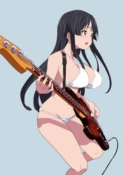  akiyama_mio bass_guitar bikini black_eyes black_hair breasts cleavage coveredcore cowboy_shot female fender_jazz_bass foreshortening grey_background highres hime_cut instrument k-on! large_breasts left-handed long_hair solo standing swimsuit white_bikini 