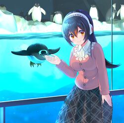  absurdres aquarium bird blush breasts commentary earmuffs female gentoo_penguin gentoo_penguin_(kemono_friends) gesture hairband highres ice kemono_friends long_hair looking_at_viewer penguin pleated_skirt skirt smile watayoshi_(suiiho) yellow_eyes 