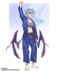  :d absurdres alternate_costume aqua_eyes arm_up barefoot blue_hair breasts cleavage dougi elira_pendora feet female full_body glasses head_wings heterochromia highres long_hair low_wings maplesights midriff navel nijisanji nijisanji_en pink_eyes ponytail round_eyewear sash smile solo sports_bra sweat toenails toes virtual_youtuber wings 