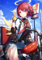  absurdres alternate_costume arknights belt black_belt black_shirt blue_sky cloud colonel_sanders commentary day exusiai_(arknights) exusiai_(city_rider)_(arknights) fall_(aki) female gloves halo hand_up headphones highres kfc long_sleeves looking_at_viewer motor_vehicle motorcycle neckerchief official_alternate_costume open_clothes open_shirt orange_eyes outdoors photoshop_(medium) red_hair red_neckerchief shirt short_hair short_shorts shorts sky smile solo thighs w white_shirt white_shorts 