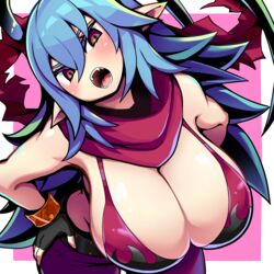  antenna_hair belt bikini bikini_top_only blue_hair breasts cleavage demon_girl disgaea disgaea_d2 female fingerless_gloves flame_print genderswap_(mtf) gloves hair_between_eyes hand_on_own_hip highres huge_breasts kara_age laharl laharl-chan long_hair looking_at_viewer pants pointy_ears purple_eyes rule_63 scarf simple_background solo spiked_hair swimsuit 