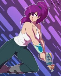  1_eye 2019 4:5 5_fingers absurd_res bottomwear breasts clothed clothing comedy_central cyclops digital_media_(artwork) eyelashes female fingers fully_clothed futurama gun hair hi_res holding_gun holding_object holding_ranged_weapon holding_weapon humanoid long_hair not_furry pants ponytail purple_eyes purple_hair ranged_weapon shirt solo souladdicted tank_top topwear turanga_leela weapon 