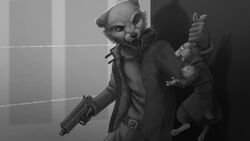  16:9 2020 ambiguous_gender anthro belt clothed clothing coat duo ear_grab fangs fully_clothed fur grabbing_both_ears greyscale gun hand_on_ears holding_gun holding_object holding_ranged_weapon holding_weapon ipoke lagomorph leporid lifting looking_at_another mammal monochrome open_mouth rabbit ranged_weapon teeth topwear weapon widescreen 