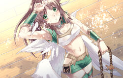  2010 agarest_senki agarest_senki_(series) arm_up blush brown_hair company_name copyright_name crop_top female from_above frown game_cg green_eyes green_skirt green_wrist_cuffs highres hirano_katsuyuki long_hair miniskirt navel official_art photoshop_(medium) rope silvi_(agarest_senki) skirt solo wet wings wrist_cuffs 