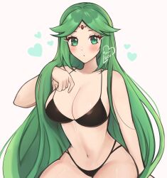  alternate_costume bare_shoulders bikini black_bikini blush breasts cleavage commentary female green_eyes green_hair grey_background heart highres kid_icarus large_breasts long_hair looking_at_viewer navel palutena purrlucii simple_background solo stomach swimsuit very_long_hair 