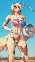  3d_(artwork) 4k 9:16 abs absurd_res american_flag_bikini anthro athletic beverage_can bikini blonde_hair bottomwear canid canine celestia_snyder_(ludexus) clothing cowgirl_outfit denim denim_bottomwear denim_clothing digital_media_(artwork) fan_character female flag_bikini fur gloves hair handwear hi_res ludexus mammal pink_eyes solo source_filmmaker_(artwork) swimwear tail two-piece_swimsuit yellow_body yellow_fur 