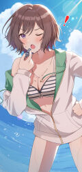  ! absurdres bikini blue_eyes blue_sky breasts brown_hair center_opening cleavage cloud cloudy_sky collarbone commentary_request day female gakuen_idolmaster hair_between_eyes hand_on_own_hip highres holding holding_whistle idolmaster jacket juu_10 kimi_to_semi_blue_(idolmaster) large_breasts long_sleeves looking_at_viewer neo_asari ocean one_eye_closed open_mouth outdoors partially_unzipped purple_eyes short_hair single_bare_shoulder single_off_shoulder sky solo striped_bikini striped_clothes sunlight swimsuit unzipped v-shaped_eyebrows water wet whistle whistle_around_neck white_bikini white_jacket 