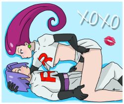  1boy belt black_panties blue_background blue_eyes blush breasts buchichu embarrassed female green_eyes james_(pokemon) jessie_(pokemon) looking_at_another panties pink_hair pokemon pokemon_(anime) purple_belt purple_hair team_rocket team_rocket_uniform underwear 