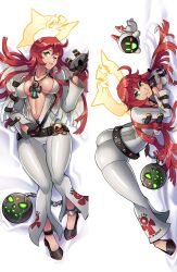  absurdres arm_rest ass belt bodysuit breast_press breasts dakimakura_(medium) female flexible full_body gloves green_eyes guilty_gear guilty_gear_strive hair_between_eyes hakuramen halo highres jack-o&#039;_challenge jack-o&#039;_valentine legs_apart long_hair looking_at_viewer multicolored_hair red_hair simple_background smile solo spiked_halo spread_legs stretching top-down_bottom-up two-tone_hair white_background white_bodysuit white_hair wide_spread_legs 